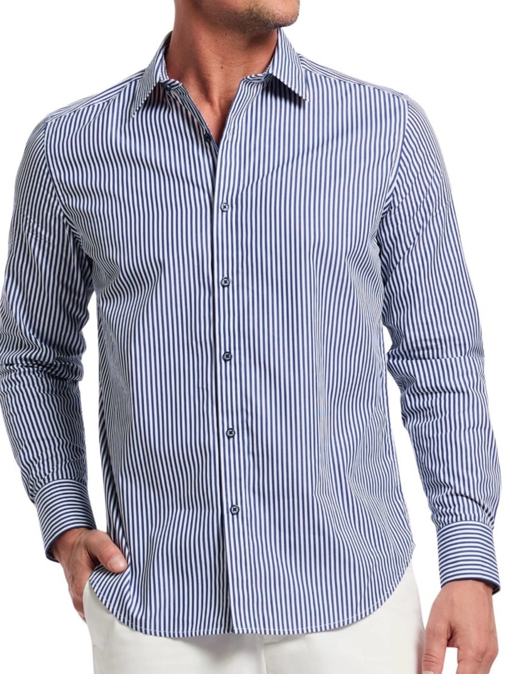 Robert Graham Blue White Vertical Stripe Tailored Fit Shirt L